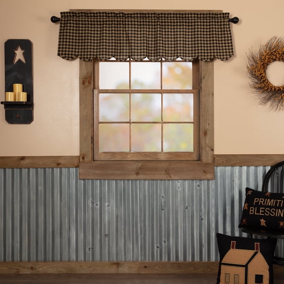 VHC Brands Black Check Scalloped Valance 16x60 Country Curtain, Black and Tan