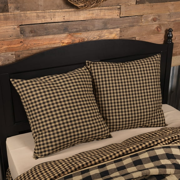 VHC Brands Black Check Fabric Euro Sham 26x26 Country Rustic Design, Black and Tan