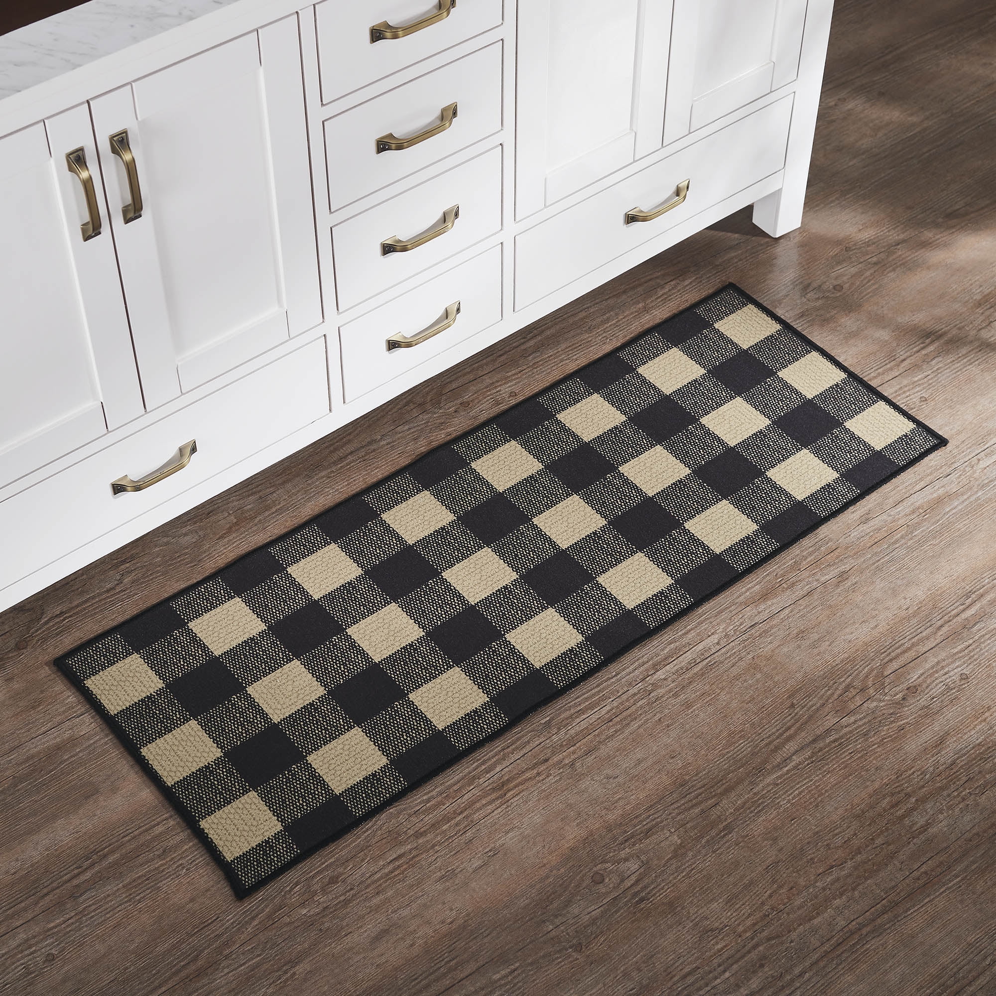 Black and Beige Checkered Synthetic Rectangular Rug 17x48
