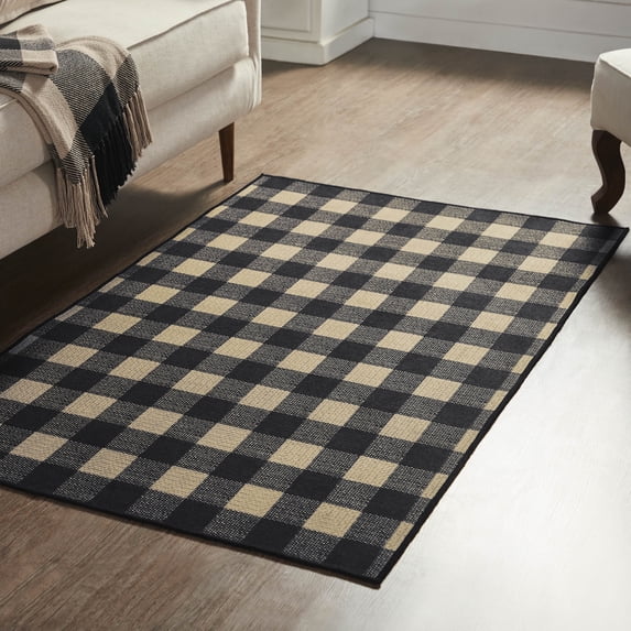 VHC Brands Black Check Indoor Rug Rect 36x60, Polyester Area Rug, Accent Rug, Floor Decor, Black Check Collection, Rectangle 36x60, Country Black