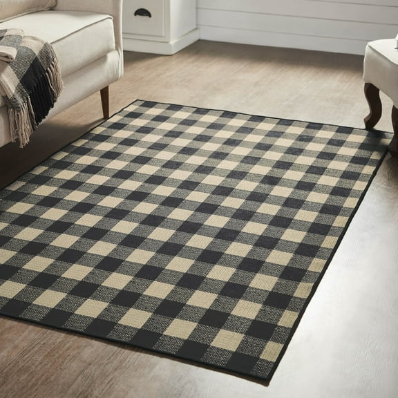 VHC Brands Black Check Indoor Rug Rect 48x72, Polyester Area Rug, Accent Rug, Floor Decor, Black Check Collection, Rectangle 48x72, Country Black