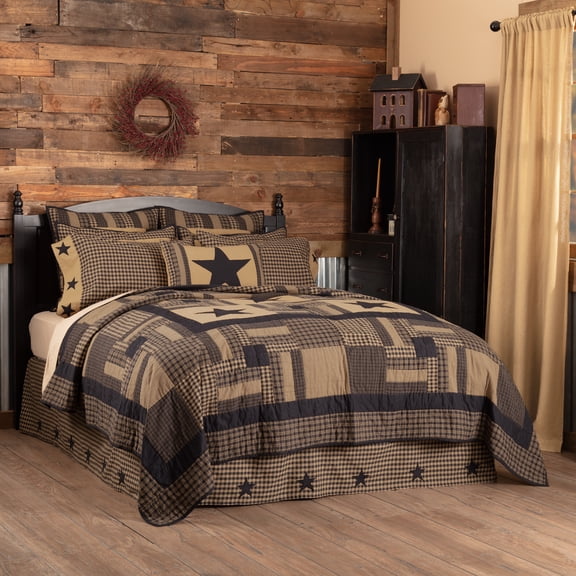 VHC Brands Black Check Star 6 Piece King Quilt Set (1 King Quilt, 2 King Shams, 2 King Pillowcase, 1 King Bed Skirt)