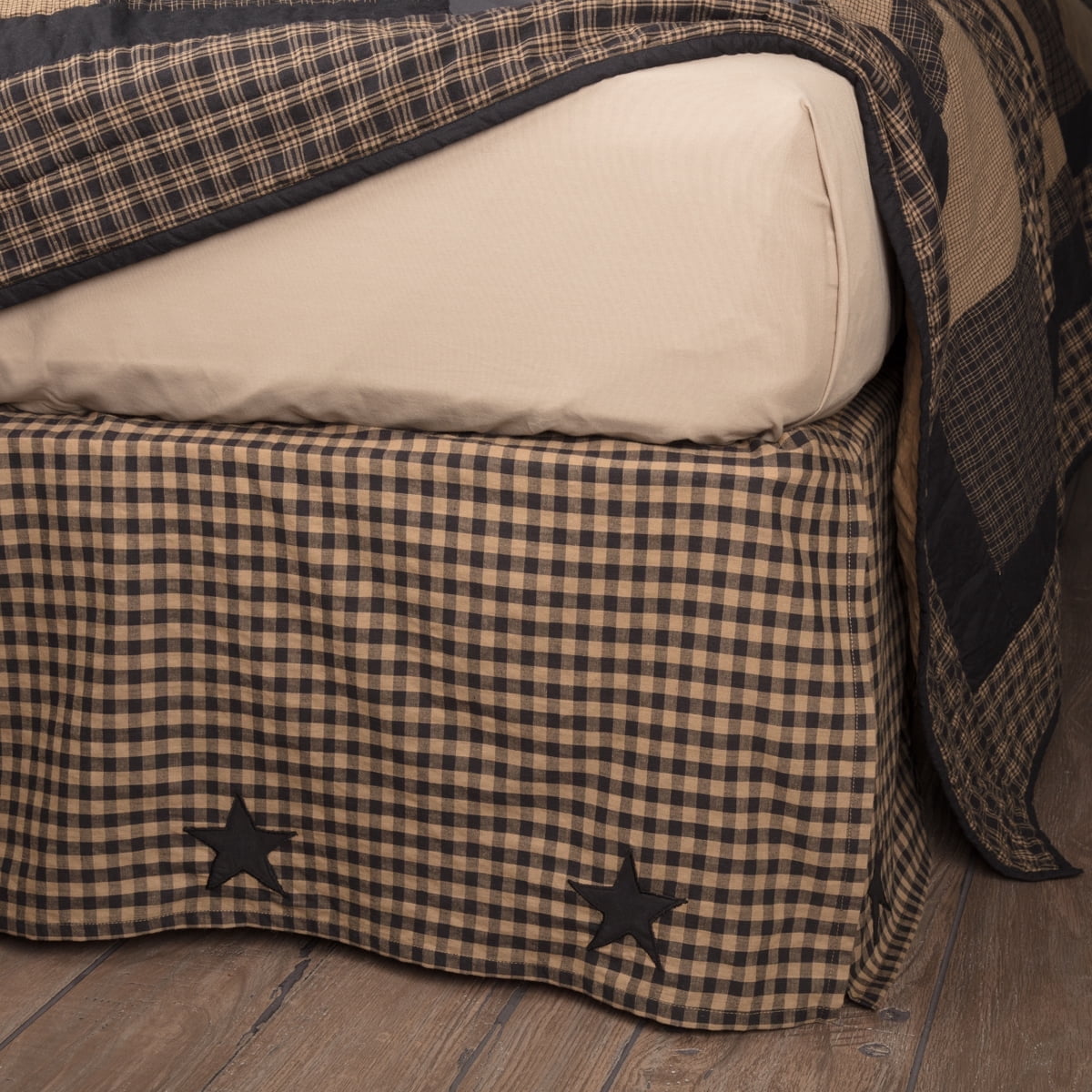 VHC Brands Check Star Cotton Primitive Split Corners Appliqued Queen Bed Skirt, Raven Black