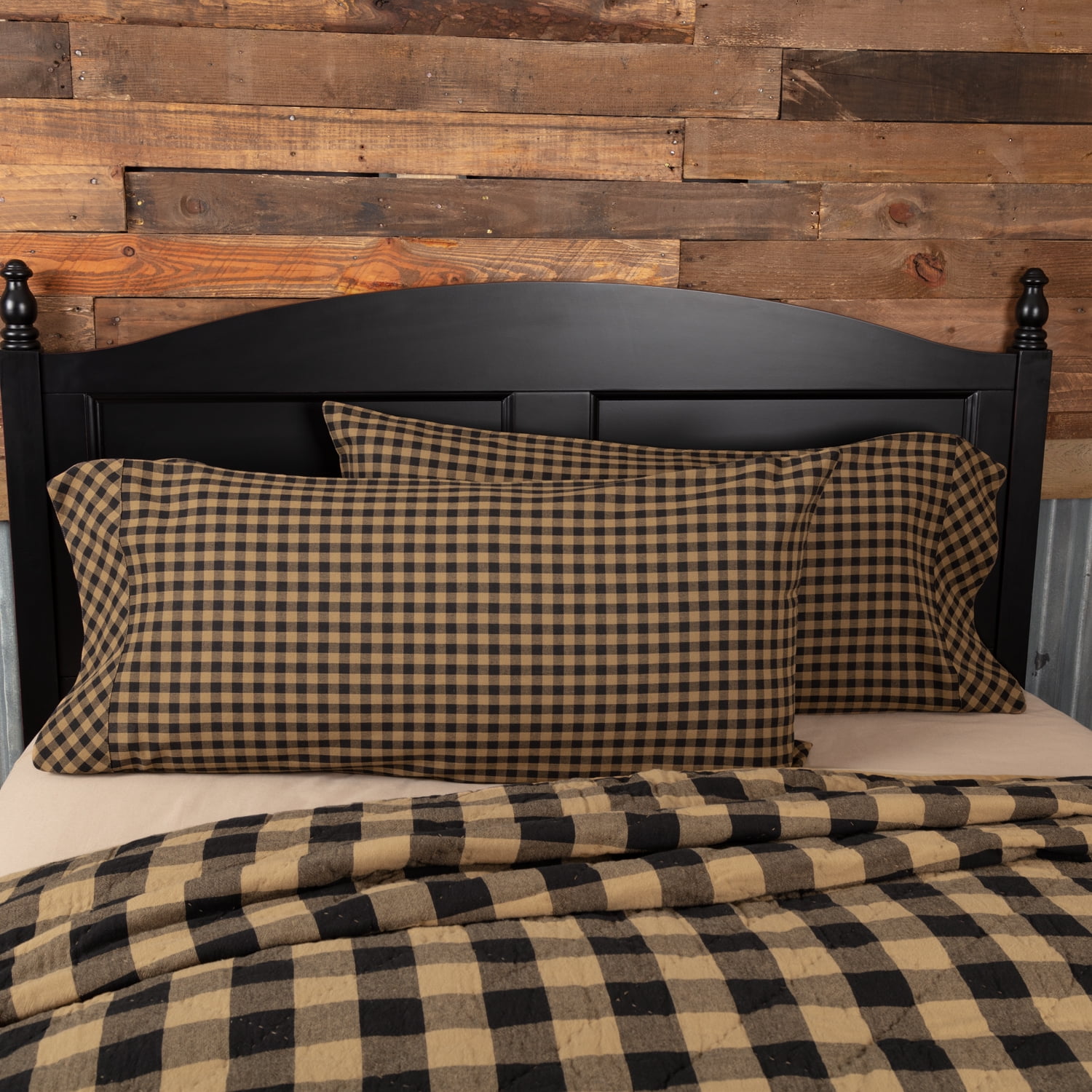 King Size Black and Khaki Checkered Cotton Pillowcase Set