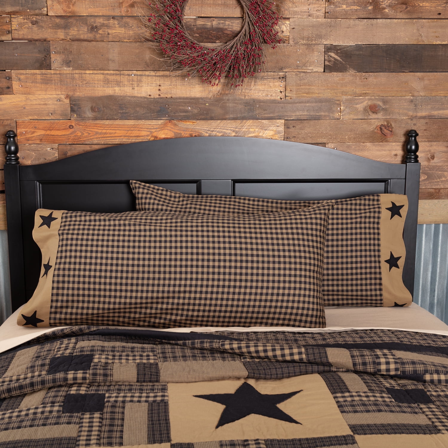 King Size Black and Khaki Checkered Cotton Pillowcase Set