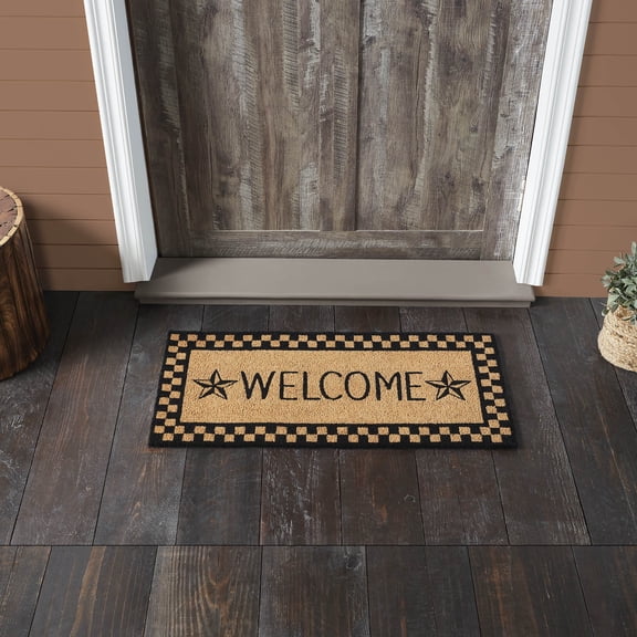 VHC Brands Black Check Stars Coir Welcome Rug Rect 17x36