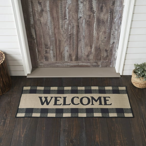 VHC Brands Black Check Welcome Indoor Rug Rect 17x48, Polyester Area Rug, Accent Rug, Floor Decor, Black Check Collection, Rectangle 17x48, Country Black