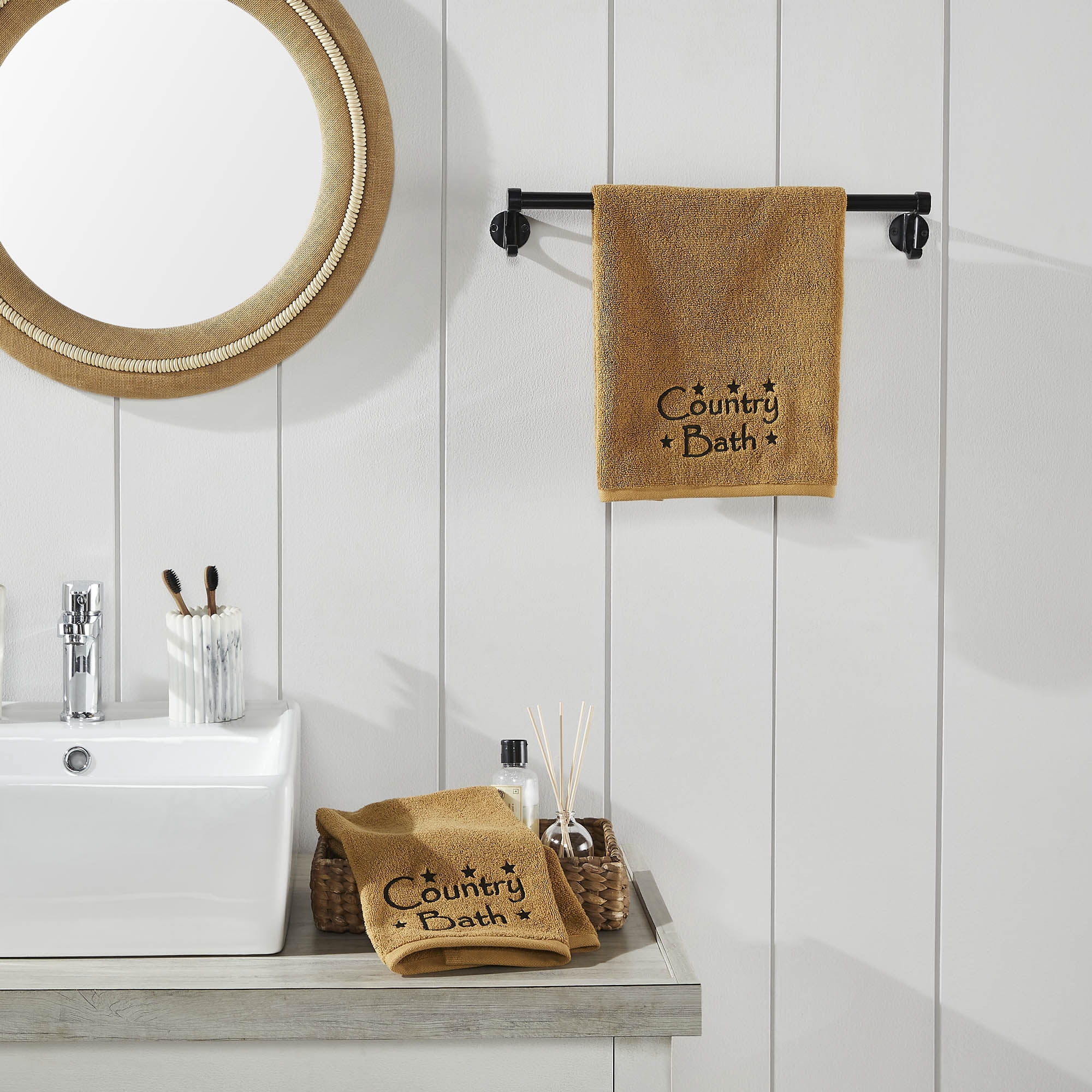 VHC Brands Black Country Bath Stars Tan Hand Towel Set of 2 16x26