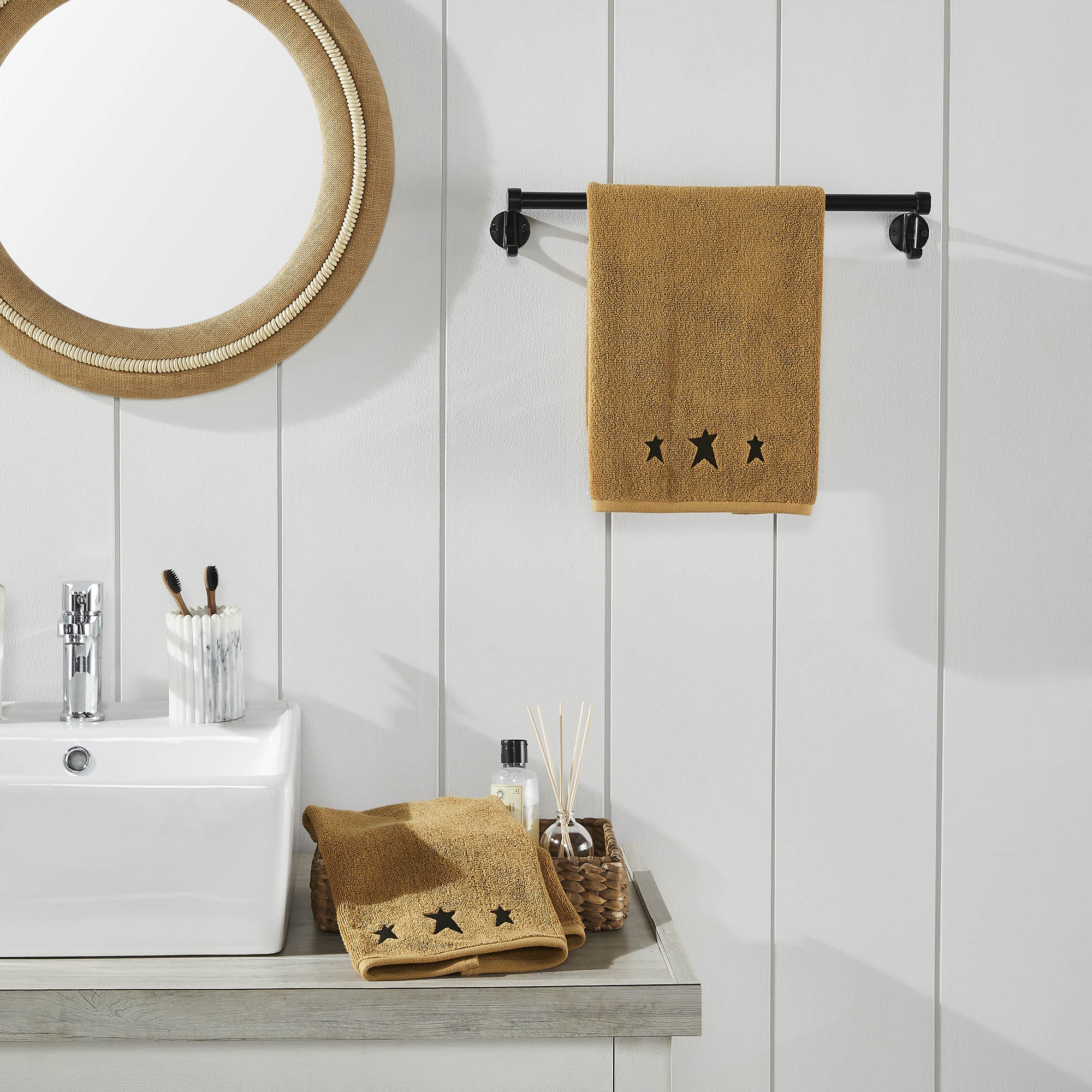 VHC Brands Black Prim Stars Tan Hand Towel Set of 2 16x26