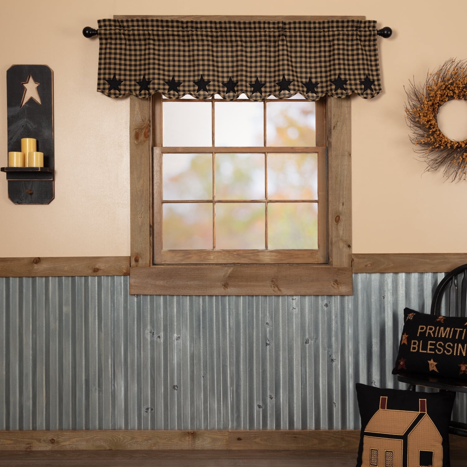 VHC Brands Star Cotton Primitive Kitchen Curtains Rod Pocket Appliqued 16x60 Valance, Raven Black