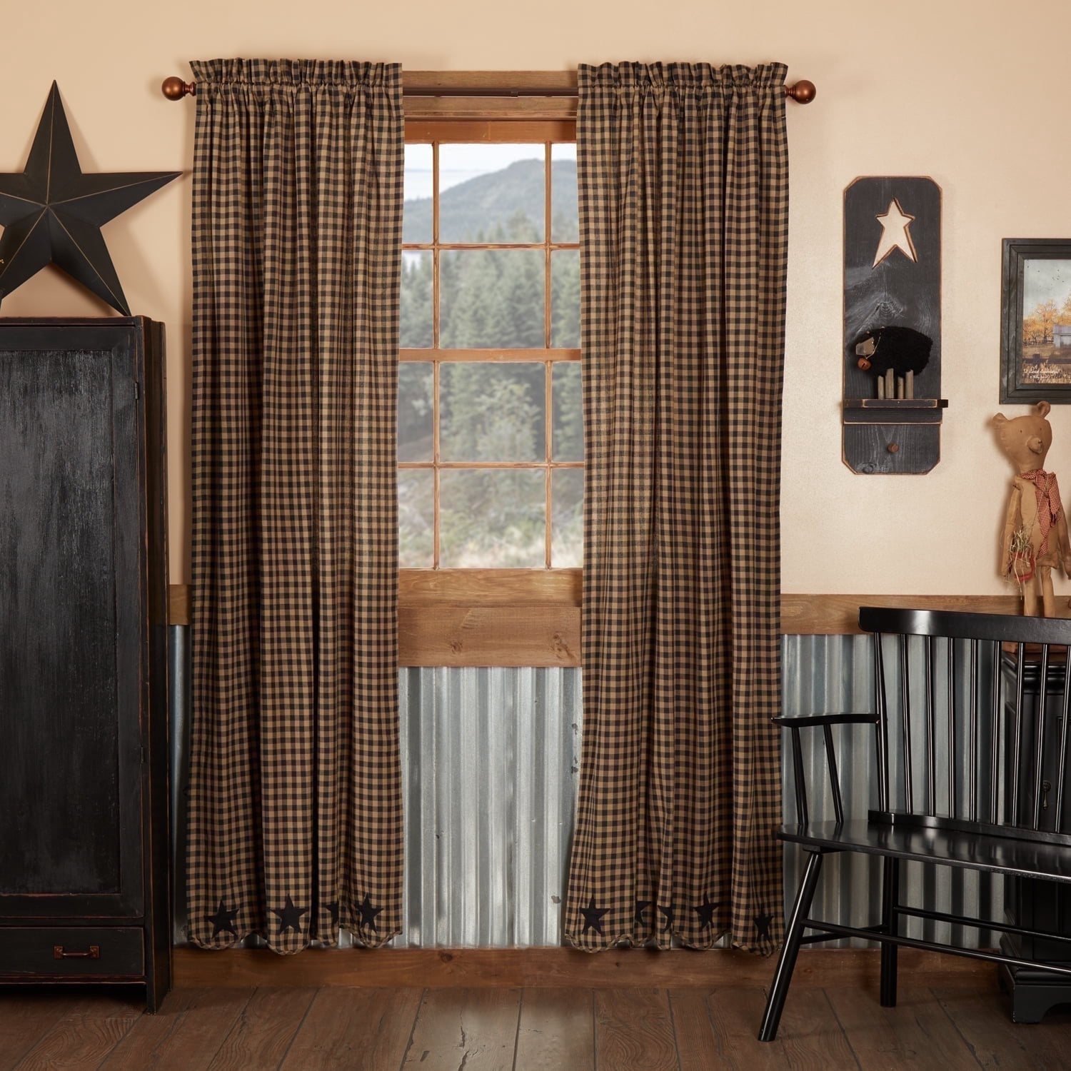 VHC Brands Black Star, Cotton, 84x40, Scalloped Panel, Set of 2, Black