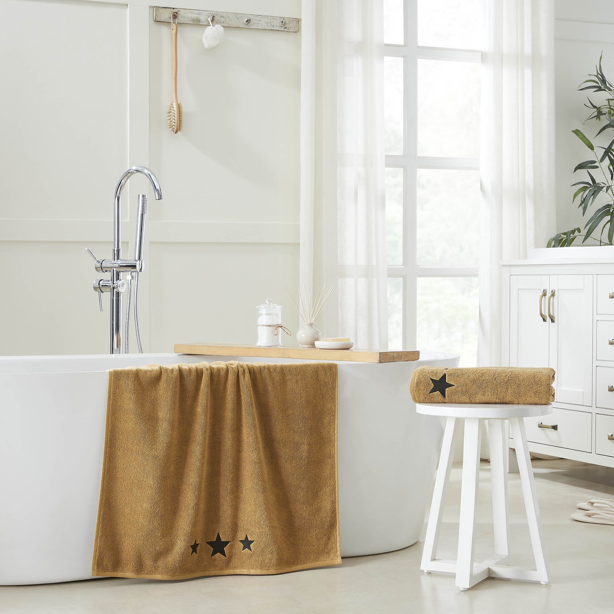 VHC Brands Black Stars Tan Bath Towel Set of 2 27x54