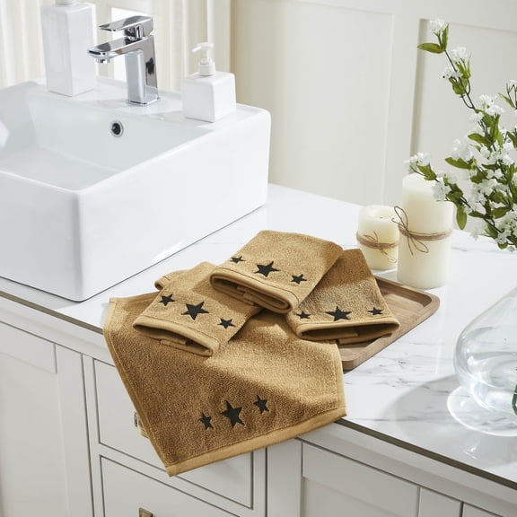 VHC Brands Black Stars Tan Washcloth Set of 4 12x12