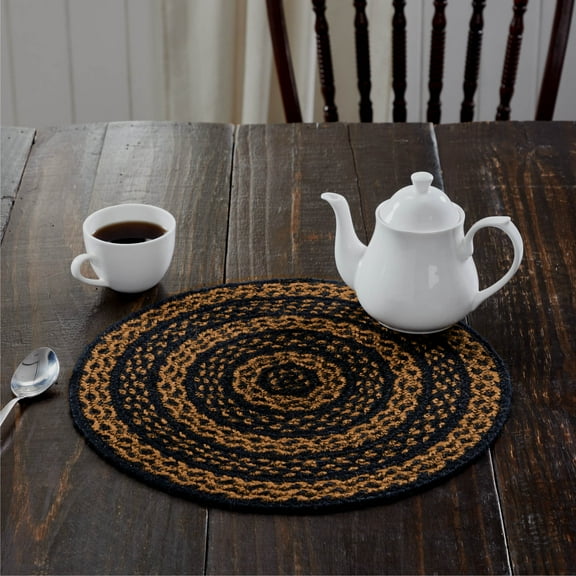 VHC Brands Black & Tan Braided Jute Mat Trivet Placemat, Round, Black, 15 inch