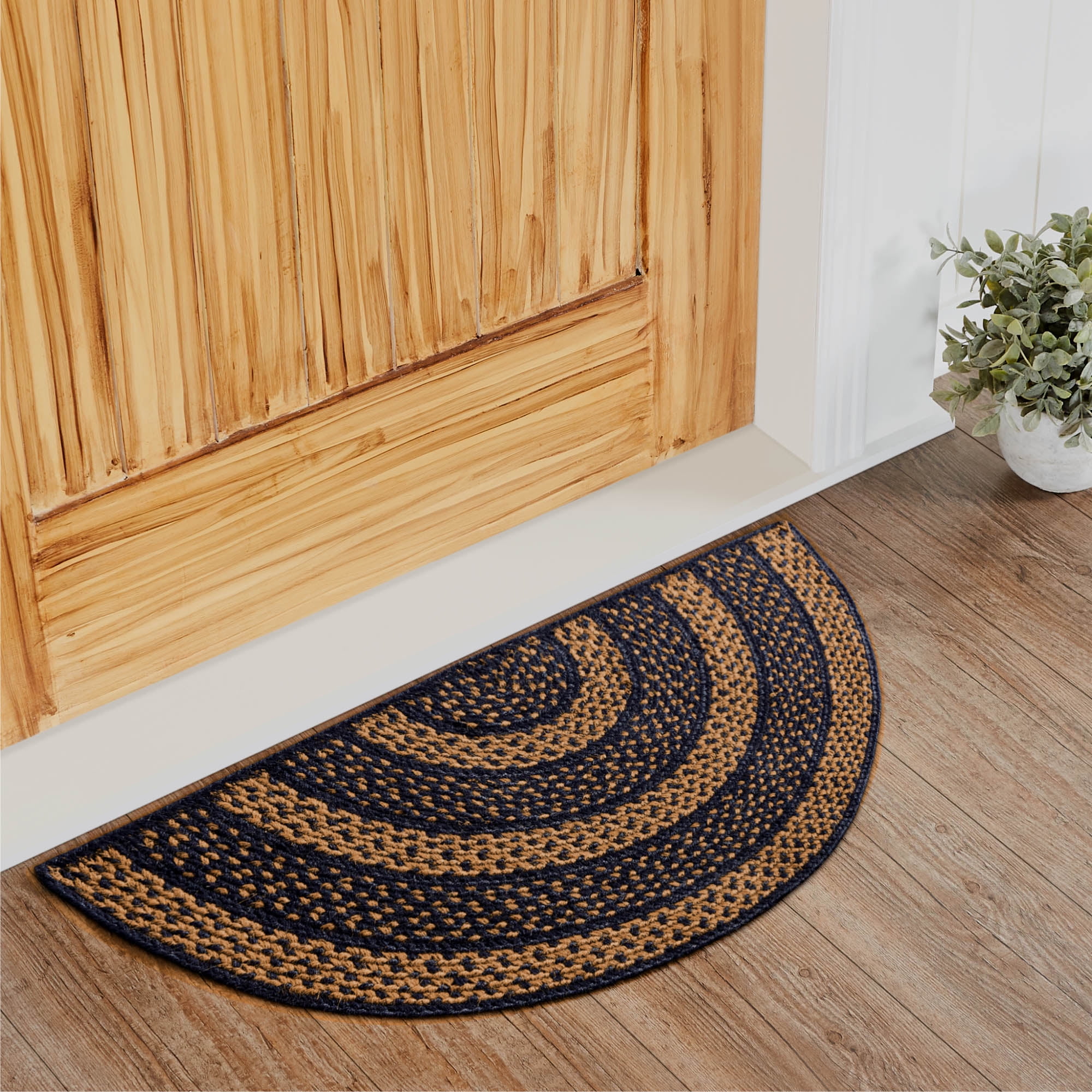 VHC Brands Black & Tan Braided Jute Rug, NonSkid Pad, Half Circle Door Mat, Black, 16.5x33