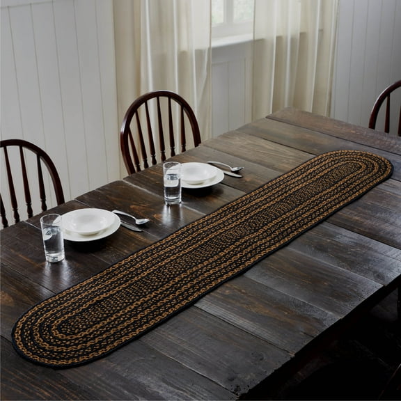 VHC Brands Black & Tan Braided Jute Table Runner, Oval, Black, 13x72