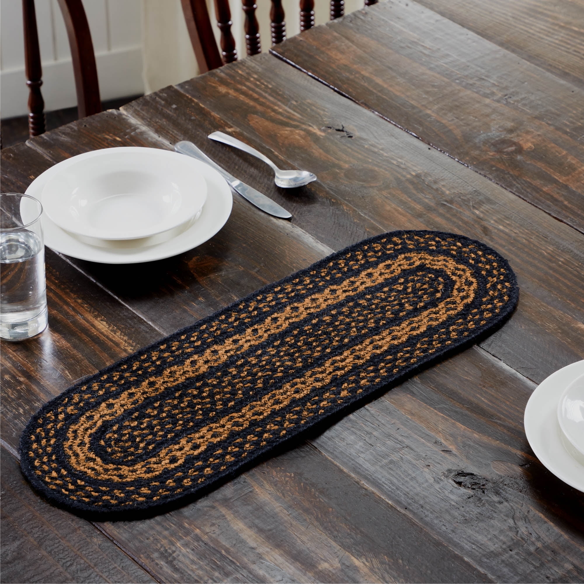 Black and Tan Oval Braided Jute Table Runner, 8x24
