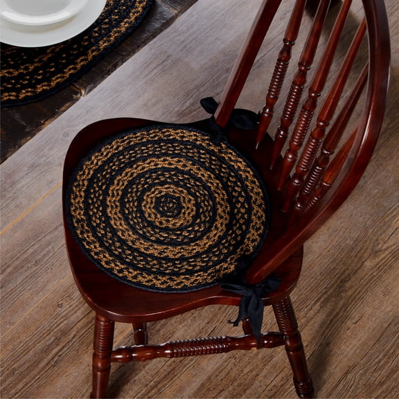VHC Brands Black & Tan Woven Jute Chair Pad with Ties, Set of 6, 15" Round