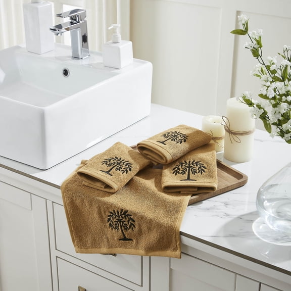 VHC Brands Black Willow Tree Tan Washcloth Set of 4 12x12