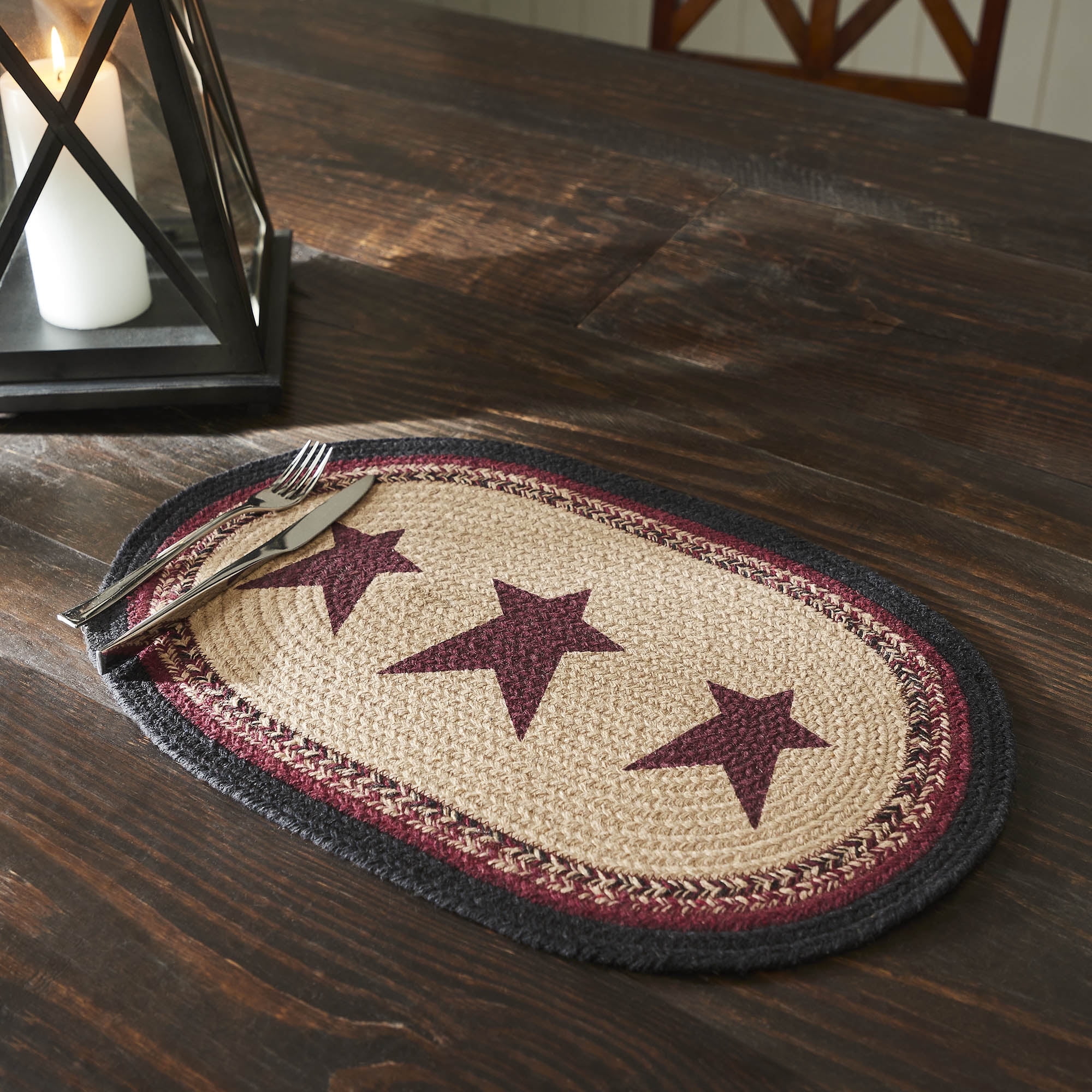 VHC Brands Braided Cotton Placemats, Set Of 4 - 10x15 Inch Oval, Burgundy Stars, Farmhouse Kitchen Dining