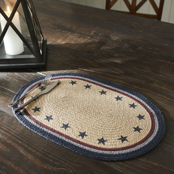 VHC Brands Braided Cotton Placemat 13x19, Cotton Dining Room, Kitchen Placemat, Dining Table Placemats, Woven Place Mat, Stenciled, My Country Collection, Oval 13x19, Stars, Navy
