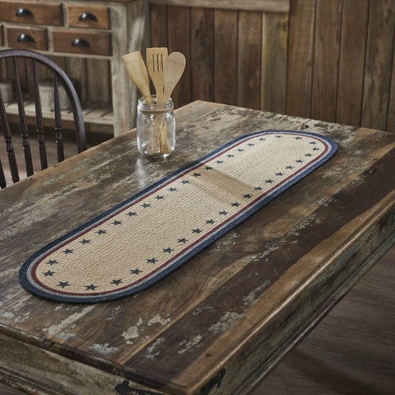 VHC Brands Braided Cotton Table Runner 12x48, Cotton Dining Room, Kitchen Table Runner, Jute Style, Farmhouse, Stenciled, My Country Collection, Rectangle 12x48, Stars, Navy