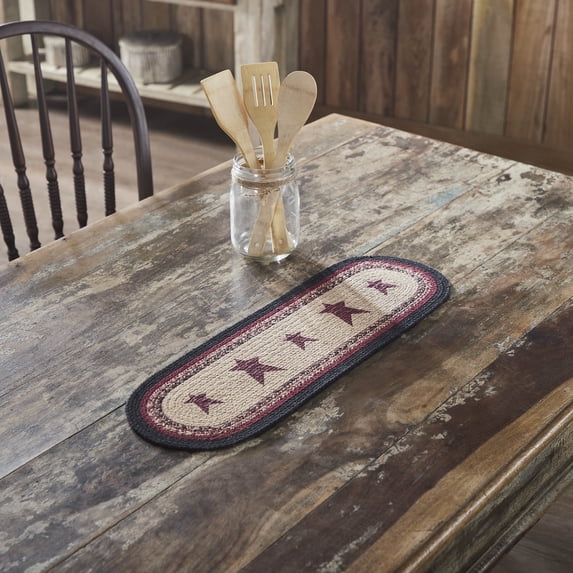 VHC Brands Braided Cotton Table Runner 8x24, Cotton Dining Room, Kitchen Table Runner, Jute Style, Farmhouse, Stenciled, Connell Collection, Rectangle 8x24, Stars, Burgundy