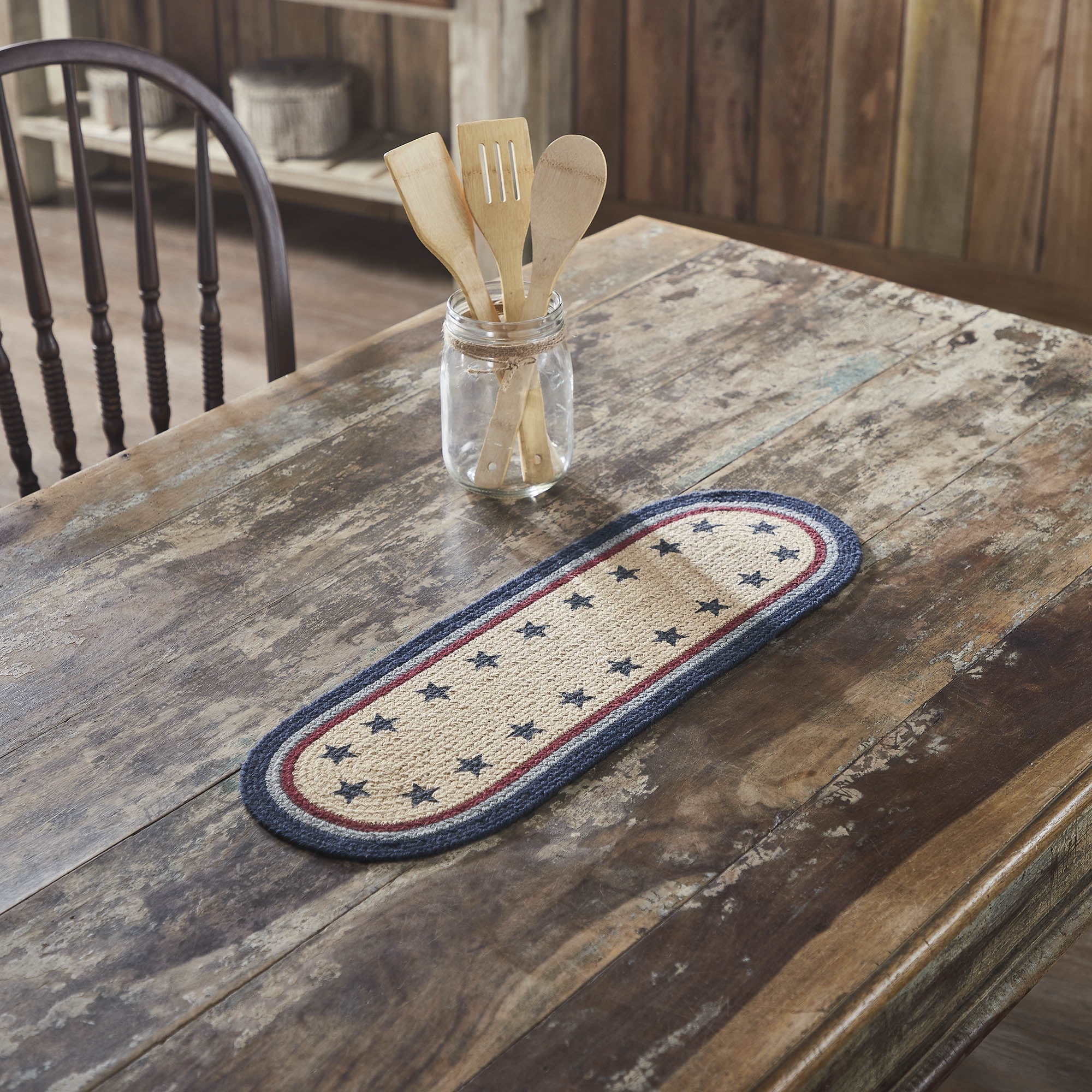 Navy and Natural Cotton Blend Oval Table Runner with Stenciled Stars