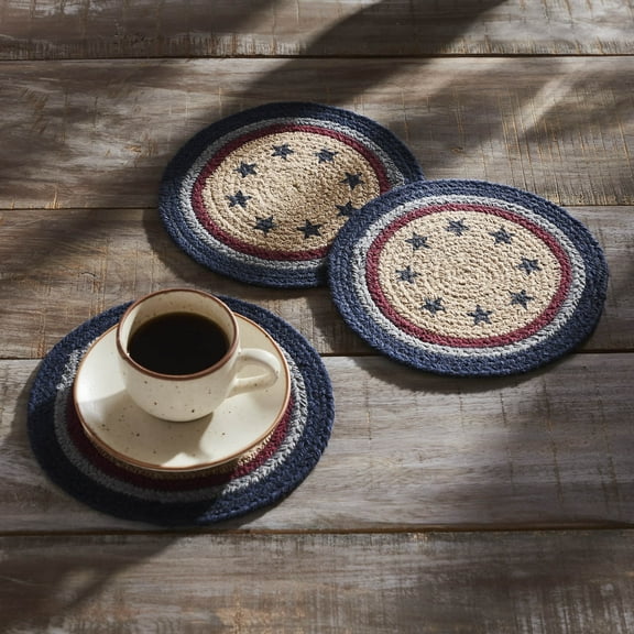 VHC Brands Braided Cotton Trivet 8 Set of 3, Cotton Dining Room, Kitchen Trivet, Pot Holder, Hot Pads, My Country Collection, Round 8x8, Stars, Navy