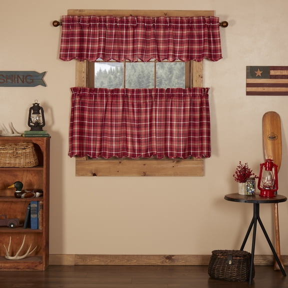 VHC Brands Braxton 3 PC Apple Red Curtain Set (1 Valance 16x72 and 2 Tier 24x36)