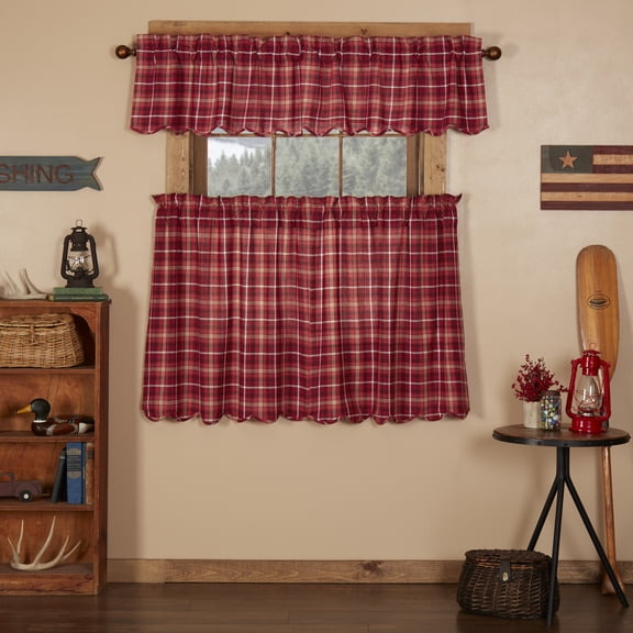 VHC Brands Braxton 3 PC Apple Red Curtain Set (1 Valance 16x72 and 2 Tier 36x36)