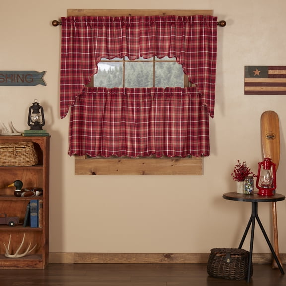 VHC Brands Braxton 4 PC Apple Red Curtain Set (2 Swag 36x16 and 2 Tier 24x36)