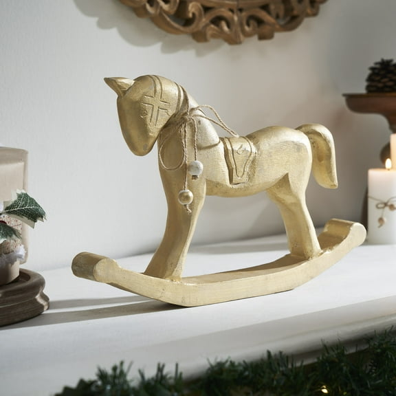 VHC Brands Brushed Gold Wooden Rocking Horse 9.5x15x1.5