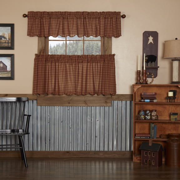 VHC Brands Burgundy Check 3 PC Burgundy Curtain Set (1 Valance 16x72 and 2 Tier 24x36)