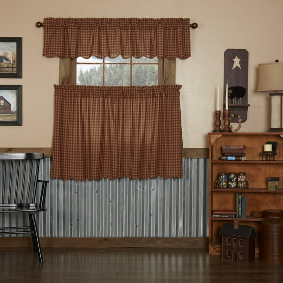 VHC Brands Burgundy Check 3 PC Curtain Set (1 Valance 16x72 and 2 Tier 36x36)