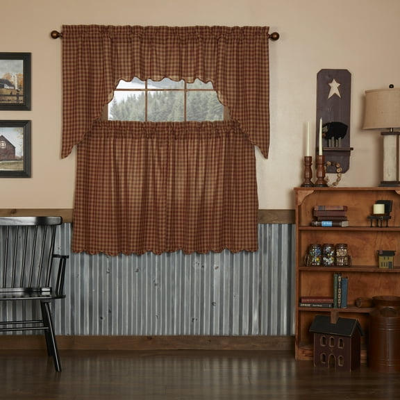 VHC Brands Burgundy Check 4 PC Curtain Set (2 Swag 36x16 and 2 Tier 36x36)