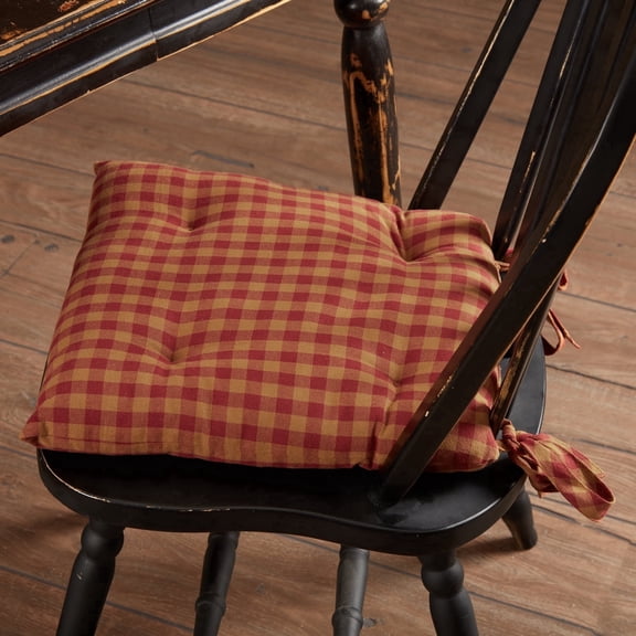 VHC Brands 14"x14" Chair Cushion for Small Dining Chairs with Ties, Burgundy Check Plaid, Primitive Farmhouse Indoor Kitchen Seat Cushion