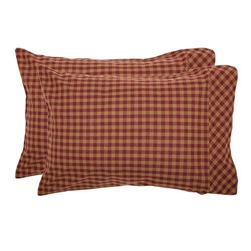 VHC Brands Burgundy Check Primitive Standard Pillow Case Set of 2 Red Cotton Rectangle Bedroom Decor