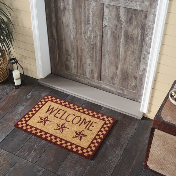 VHC Brands Burgundy Check Stars Coir Welcome Rug Rect 20x30