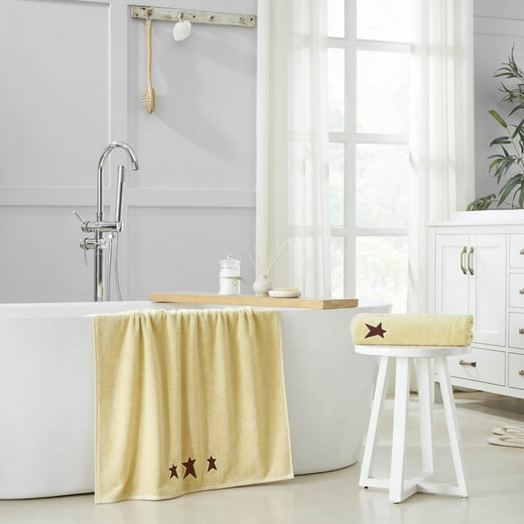 VHC Brands Burgundy Prim Stars Creme Bath Towel Set of 2 27x54