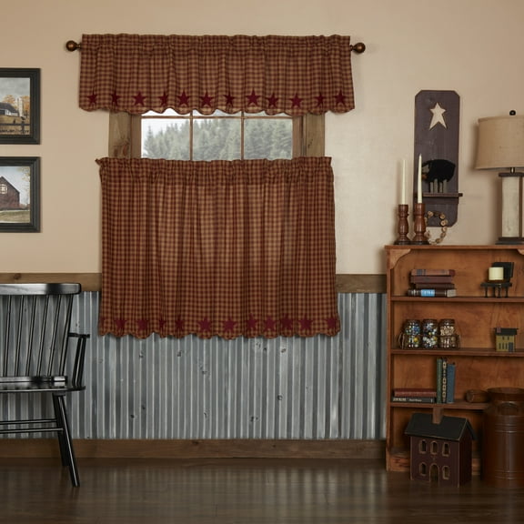 VHC Brands Burgundy Star 3 PC Curtain Set (1 Valance 16x72 and 2 Tier 36x36)