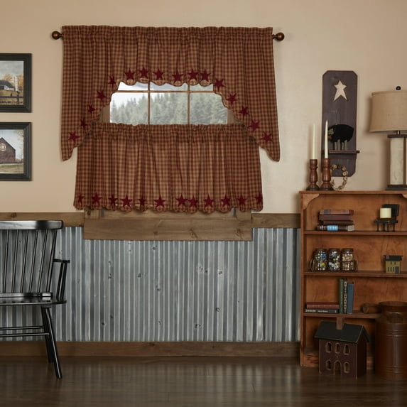 VHC Brands Burgundy Star 4 PC Curtain Set (2 Swag 36x16 and 2 Tier 24x36)