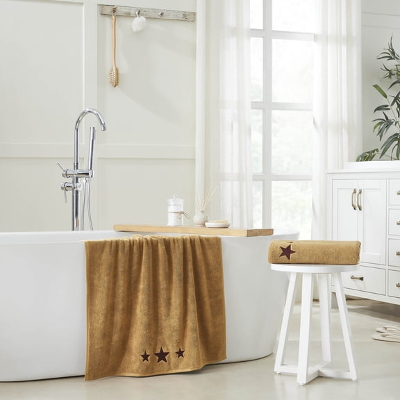 VHC Brands Burgundy Stars Tan Bath Towel Set of 2 27x54