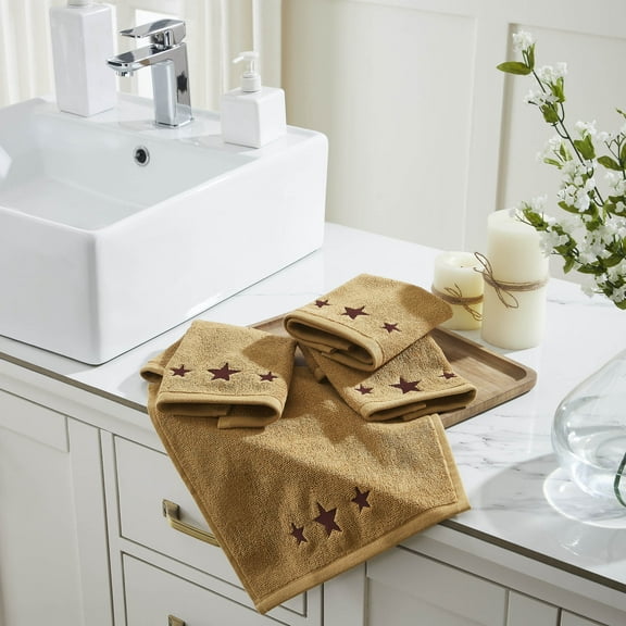 VHC Brands Burgundy Stars Tan Washcloth Set of 4 12x12