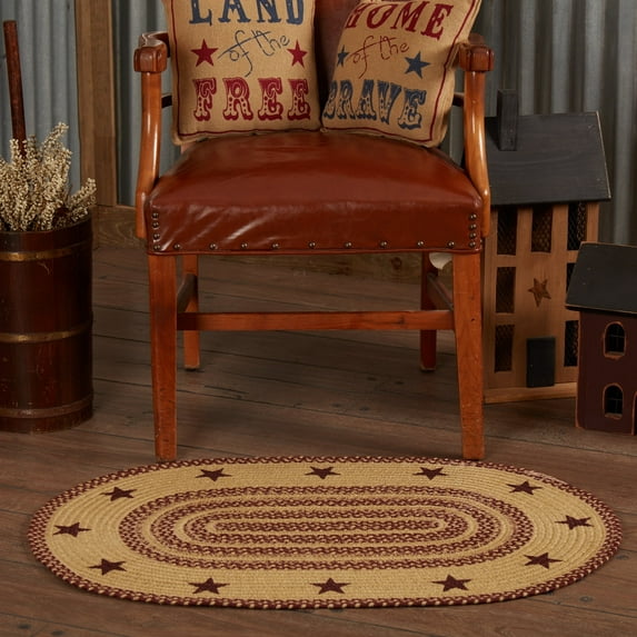 VHC Brands Burgundy Tan Jute Rug Oval Stencil Stars w/Pad 24x36