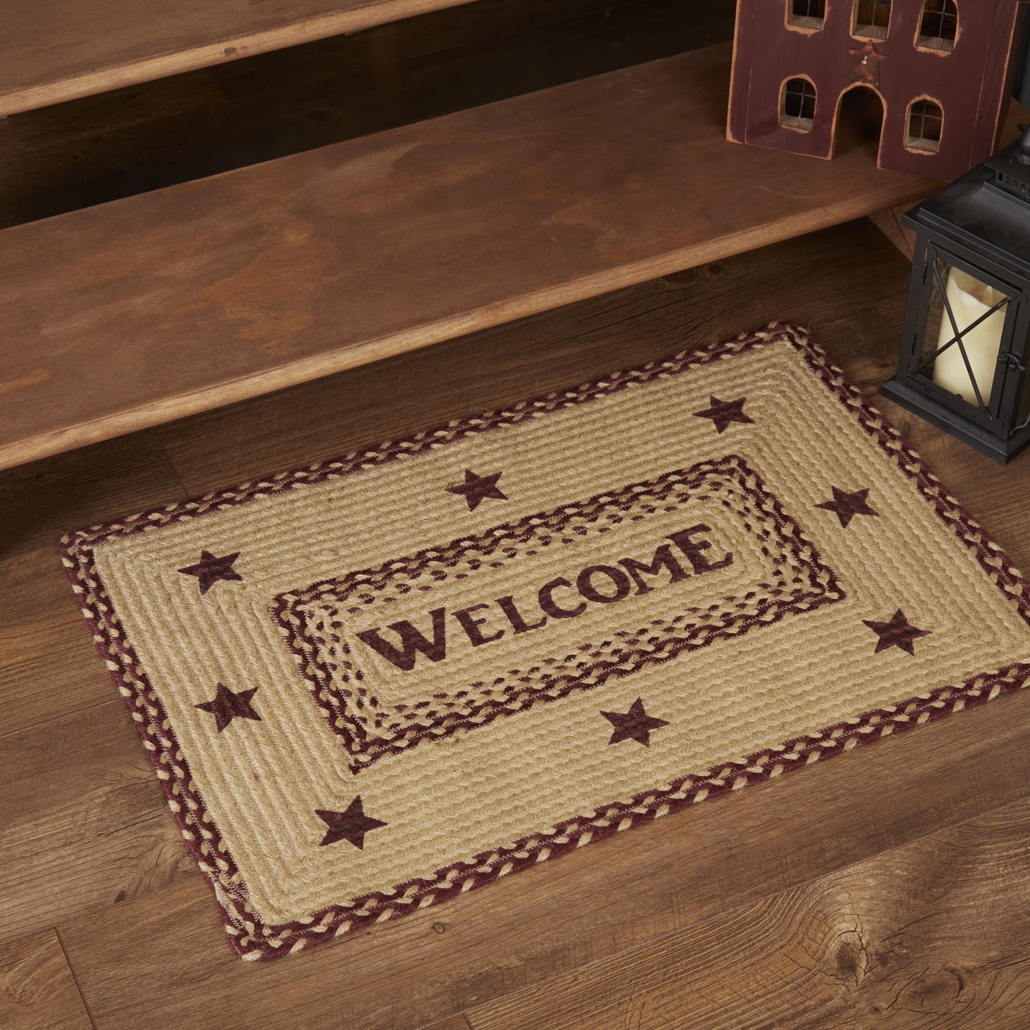 VHC Brands Burgundy Tan Jute Primitive Welcome Accent Rug Stenciled ...