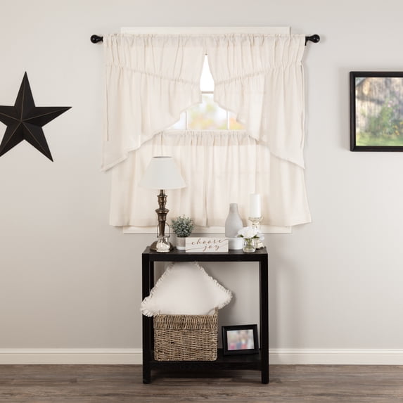 VHC Brands Burlap Antique White 4 PC Curtain Set (2 Prairie Swag 36x18 and 2 Tier 24x36)