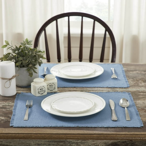 VHC Brands Burlap Blue Farmhouse 13"x19" Placemat Set of 6 Cotton Solid Color Rectangle Kitchen Table Decor