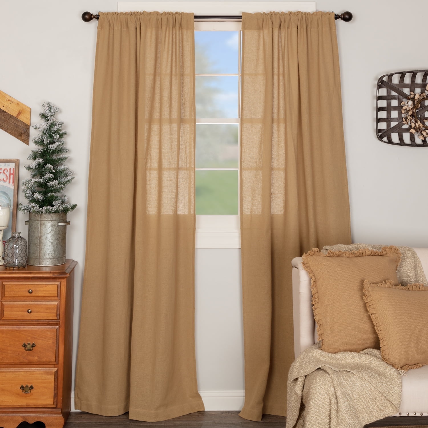 Natural Burlap Cotton Light-Filtering Rod Pocket Curtain Panels, 84" x 40"