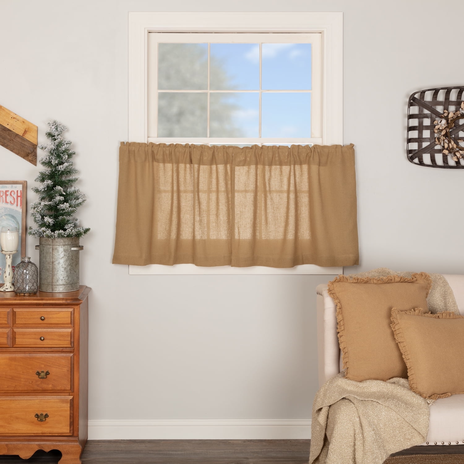 Tan Burlap Cotton Rod Pocket Kitchen Tier Curtains, 24x36